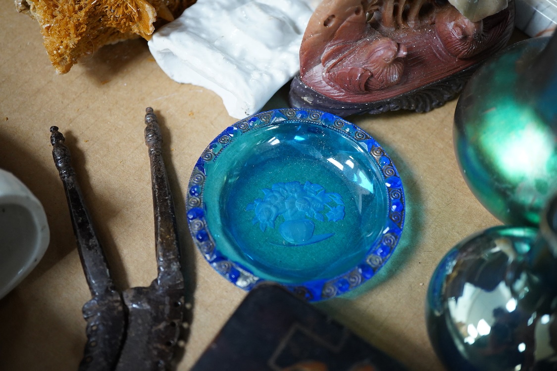 A collection of sundry items to include a carved bust of Nefertiti, crystal specimens, Roman style vase with trailed decoration and a table bell